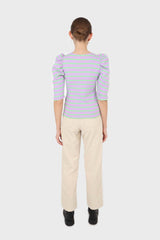 Lilac and mint striped puff 3/4 sleeve top