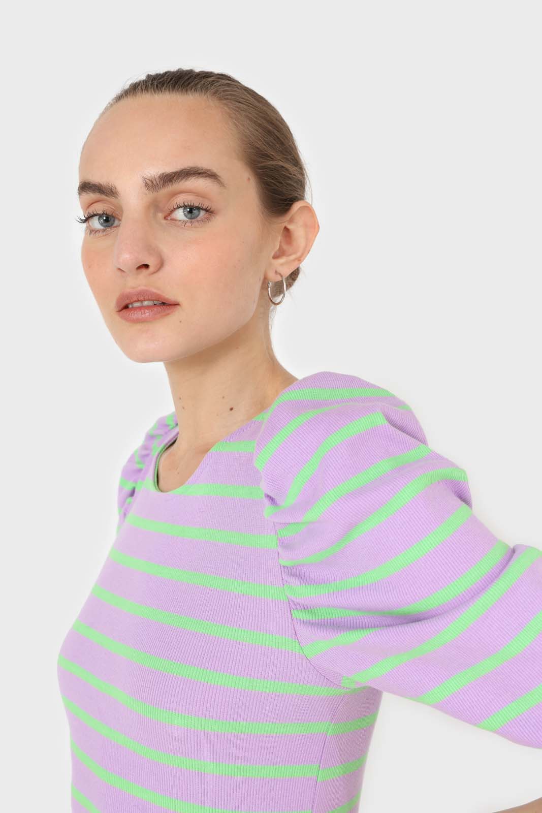Lilac and mint striped puff 3/4 sleeve top
