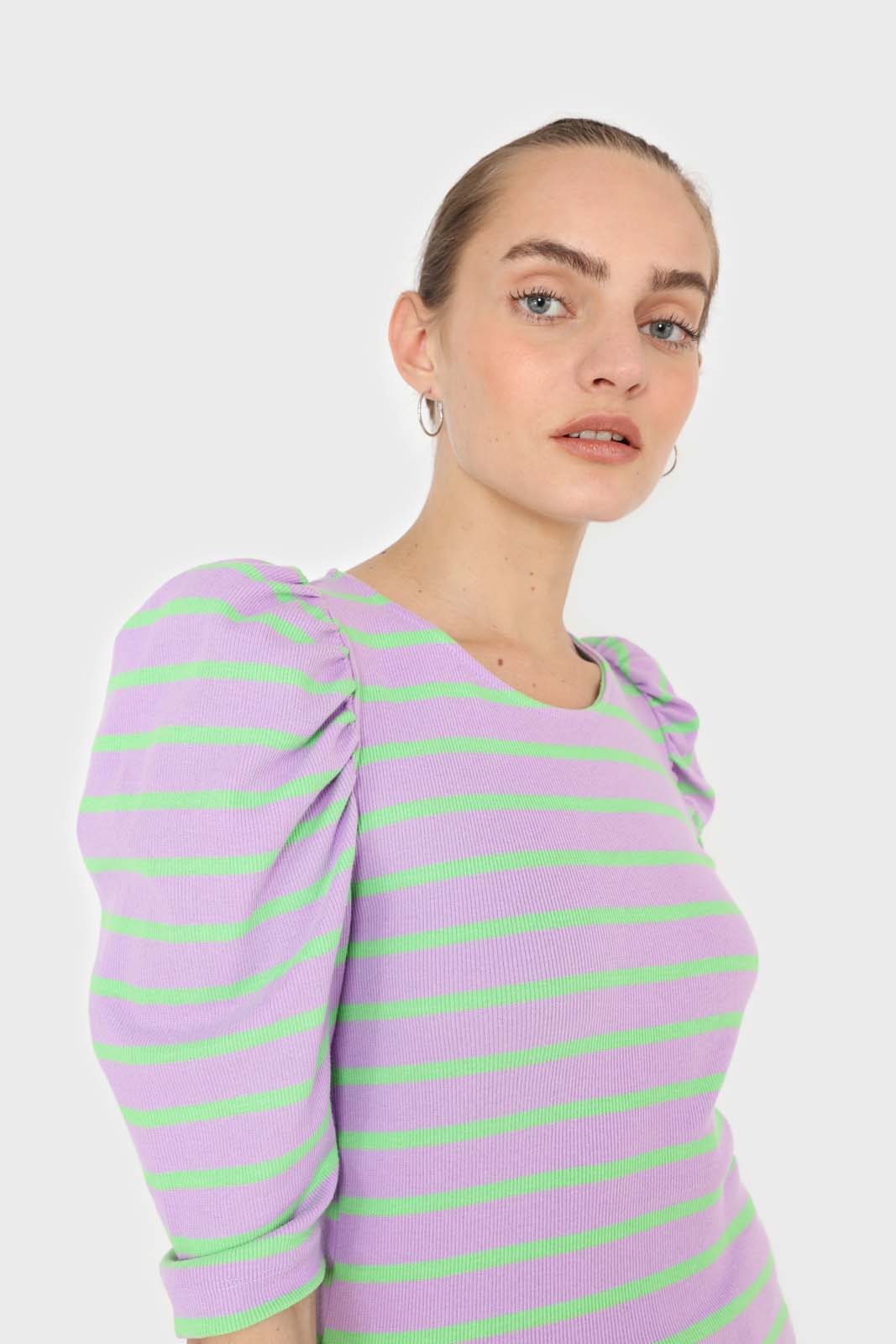 Lilac and mint striped puff 3/4 sleeve top