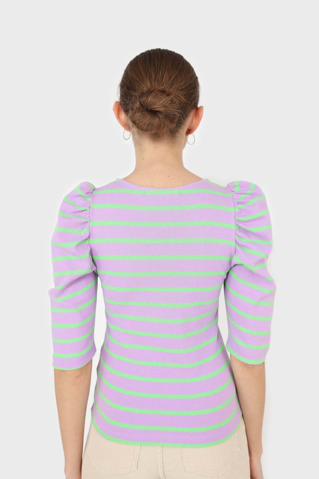 Lilac and mint striped puff 3/4 sleeve top