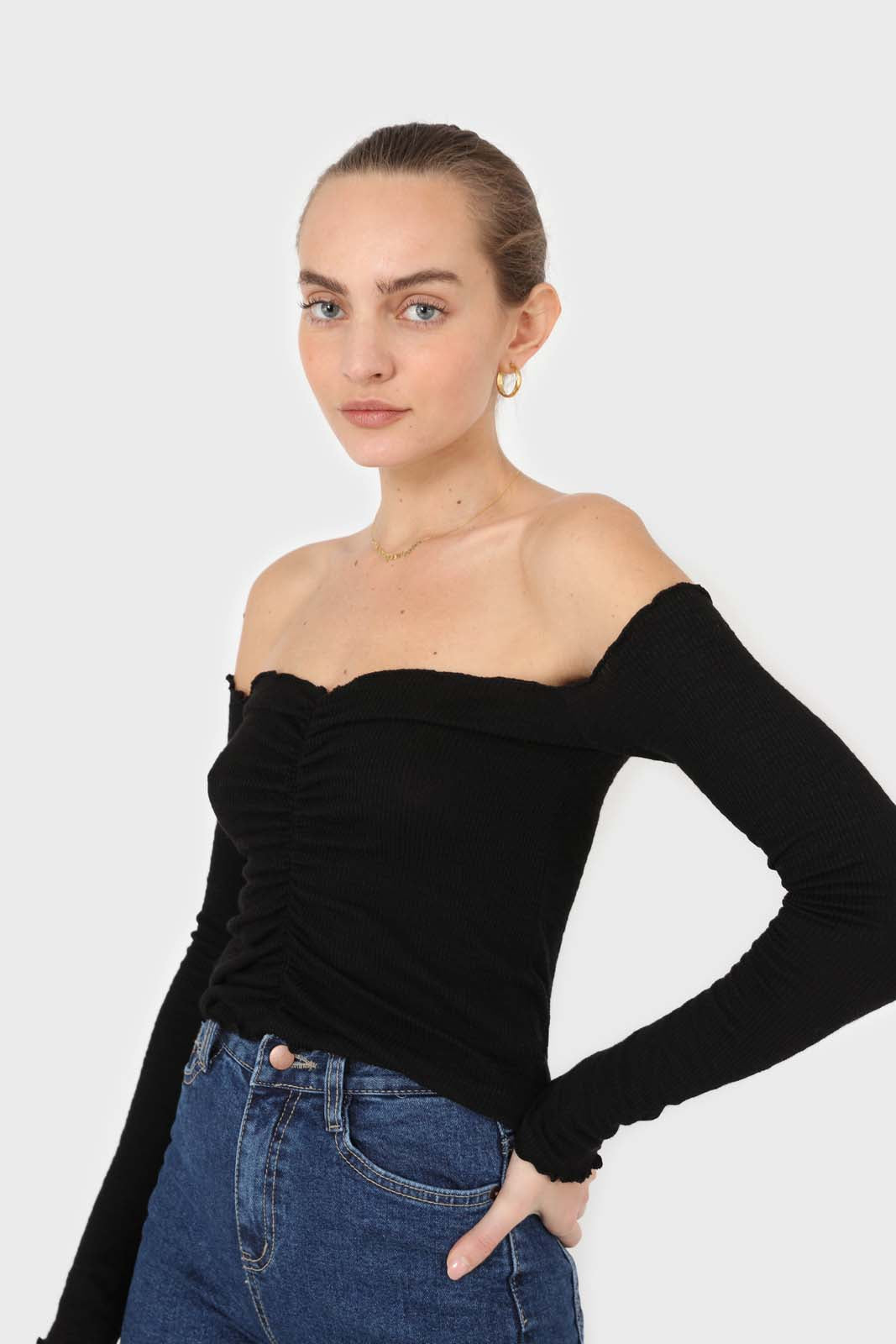 Black off shoulder ruched front ribbed top