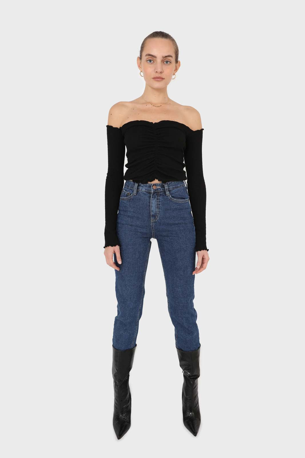 Black off shoulder ruched front ribbed top