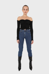 Black off shoulder ruched front ribbed top