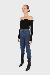 Black off shoulder ruched front ribbed top