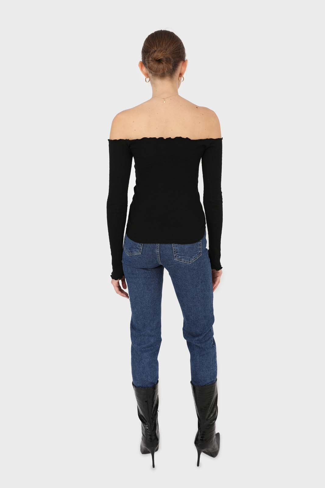 Black off shoulder ruched front ribbed top