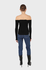 Black off shoulder ruched front ribbed top