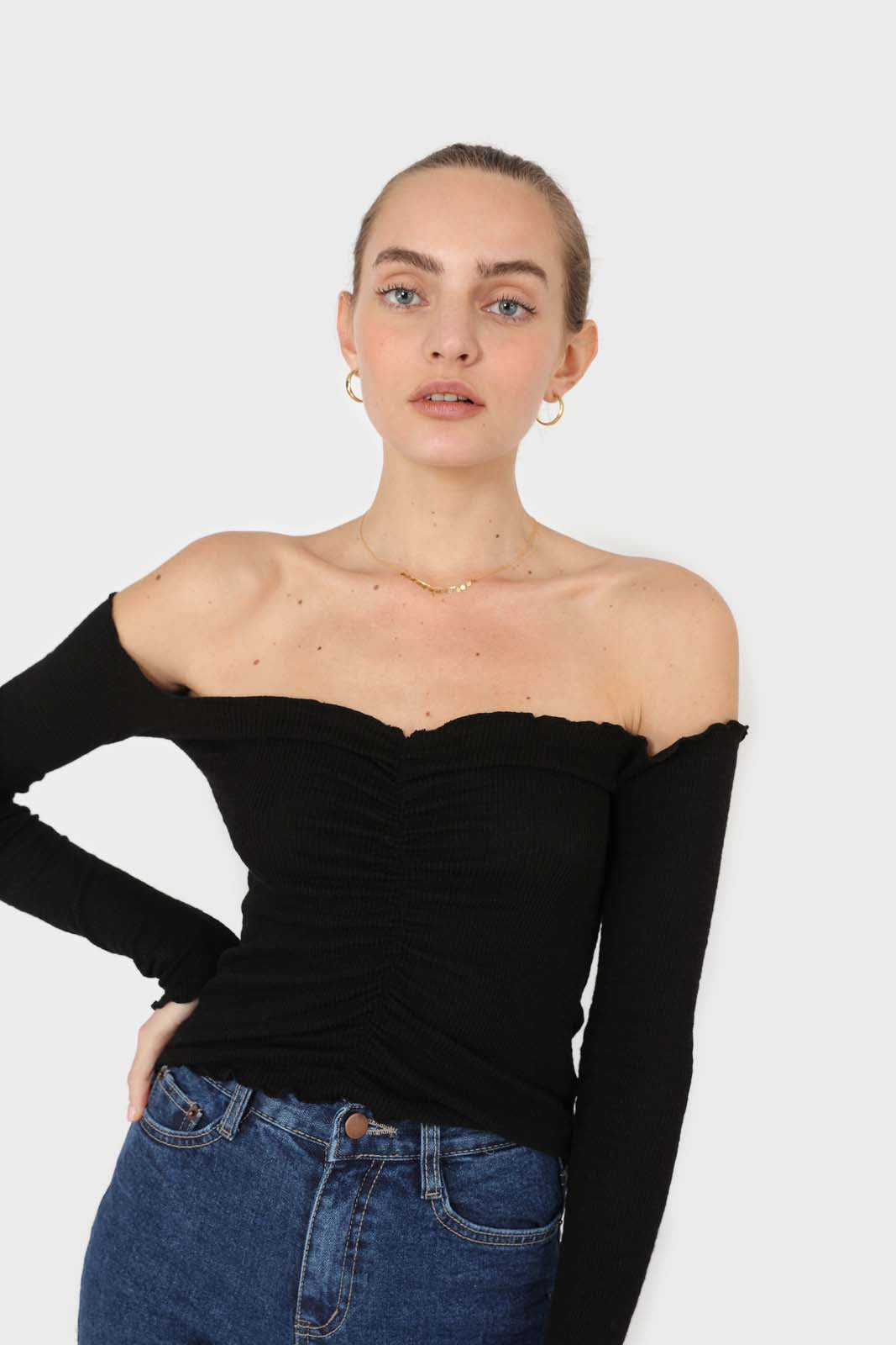 Black off shoulder ruched front ribbed top