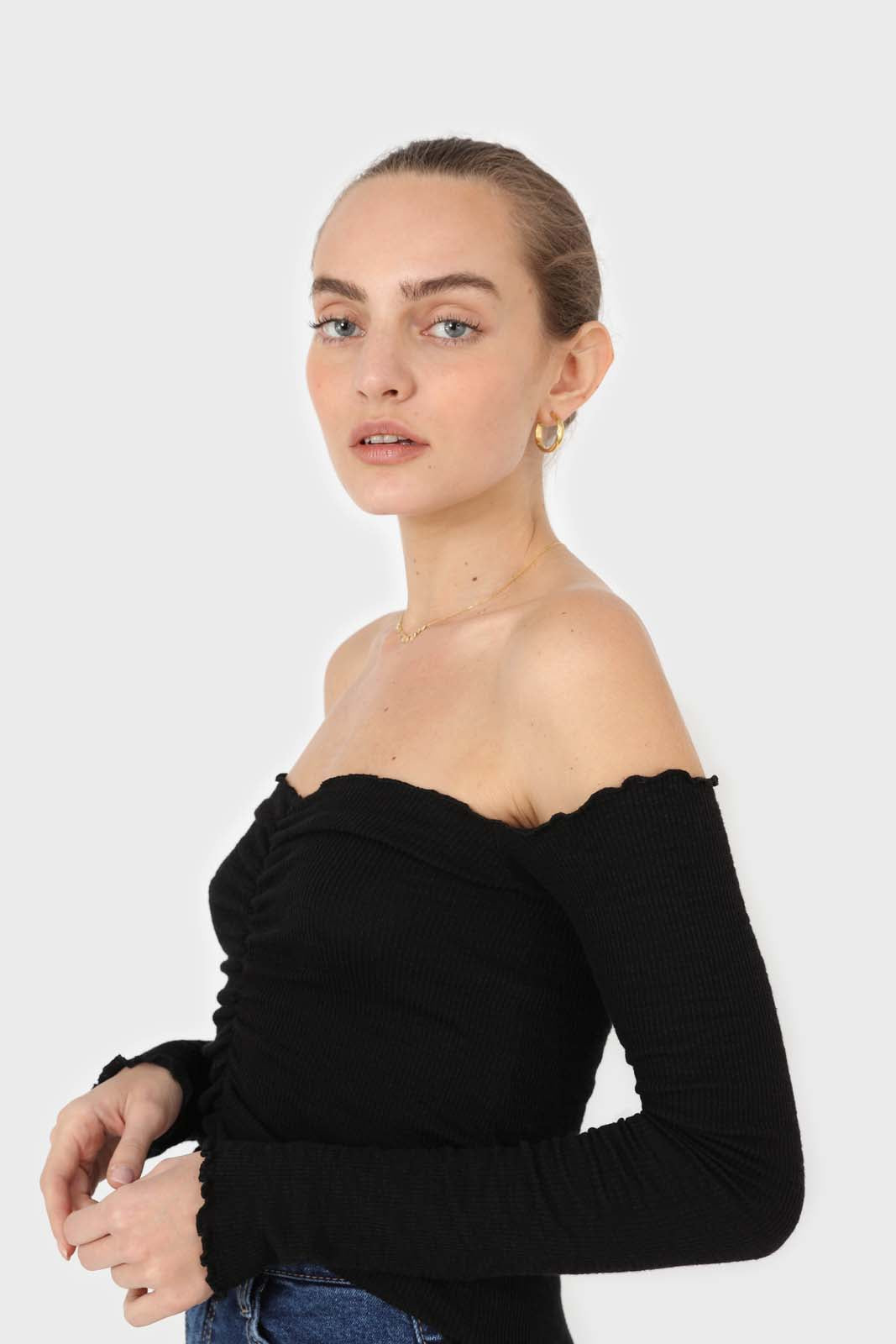 Black off shoulder ruched front ribbed top