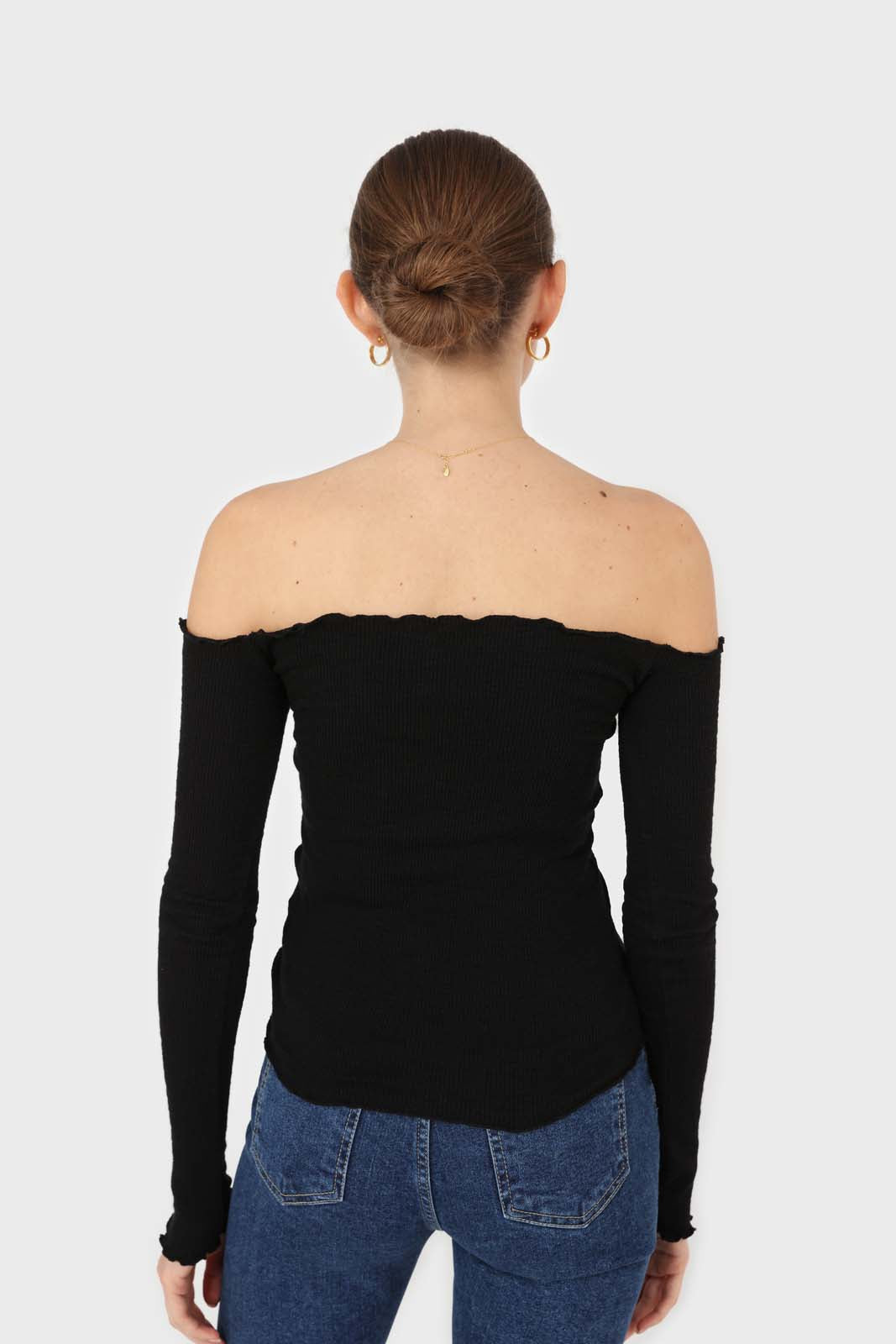 Black off shoulder ruched front ribbed top