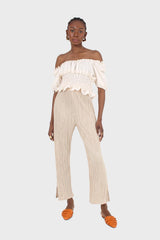 Beige silky micro pleat trousers