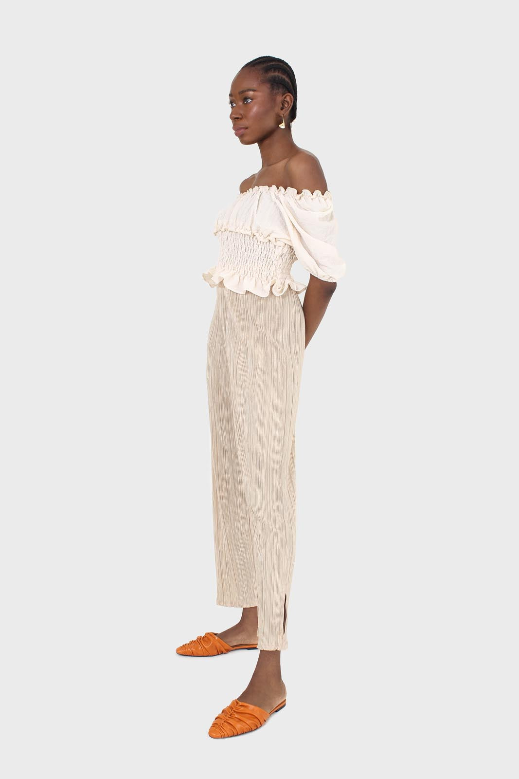 Beige silky micro pleat trousers