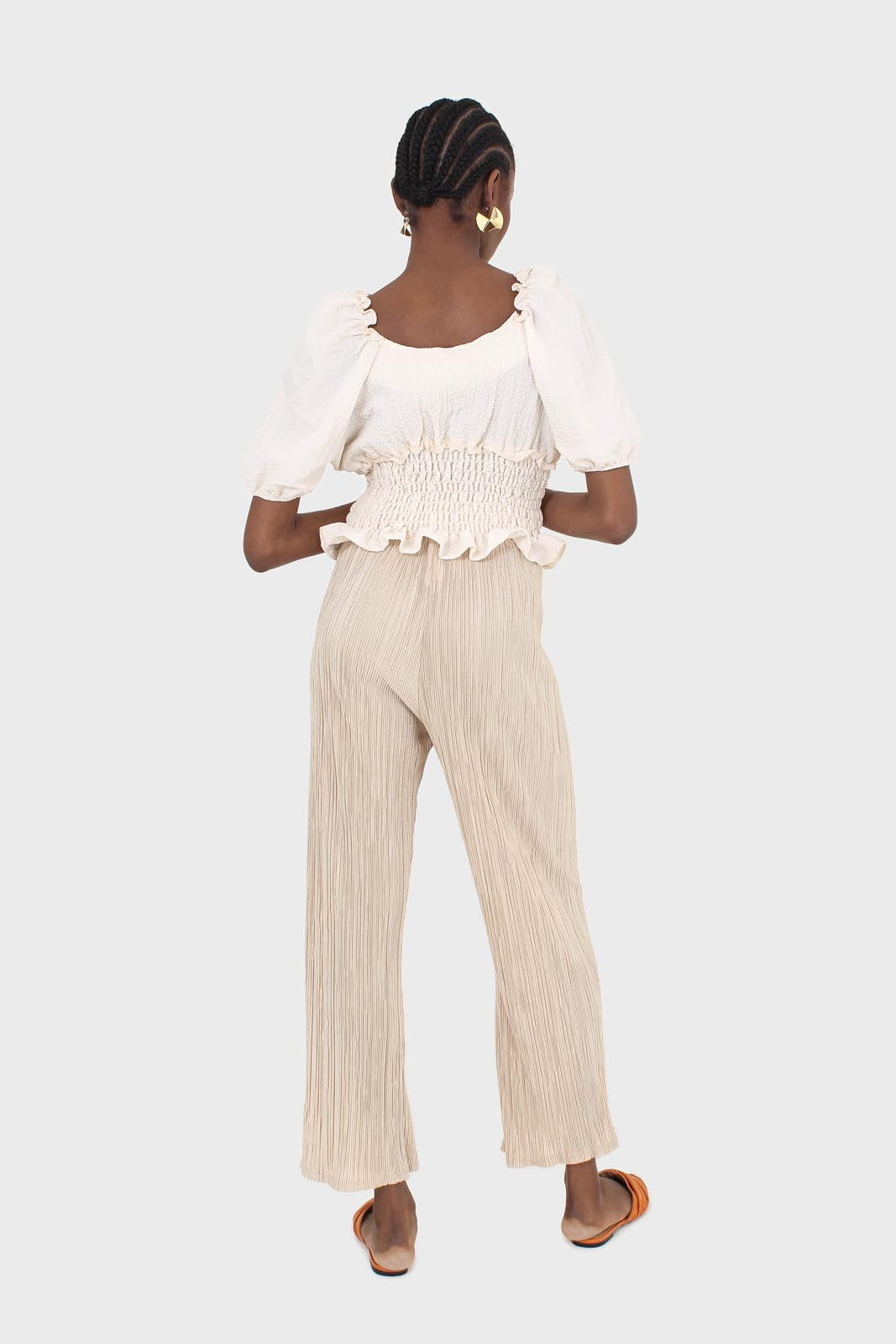 Beige silky micro pleat trousers