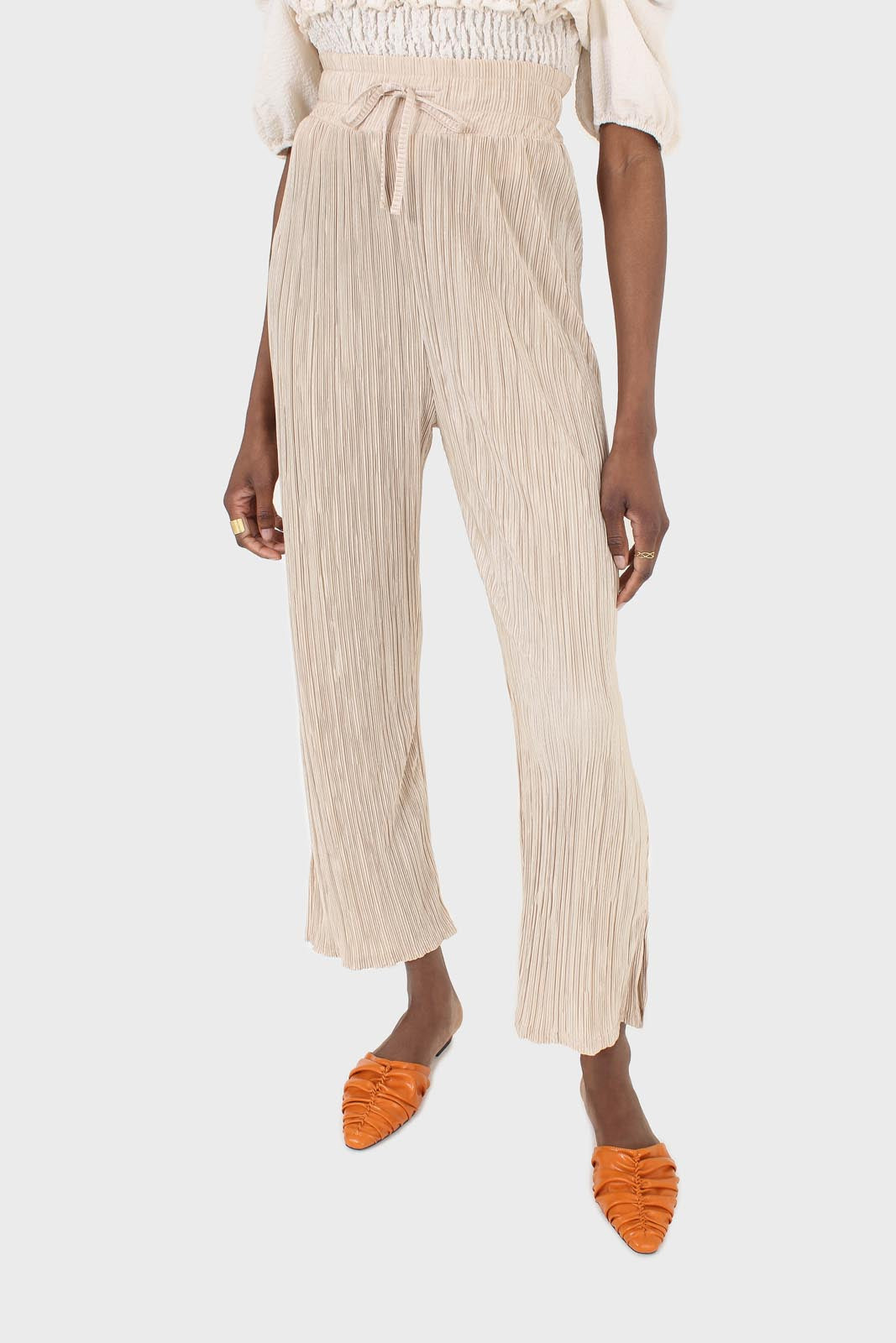 Beige silky micro pleat trousers
