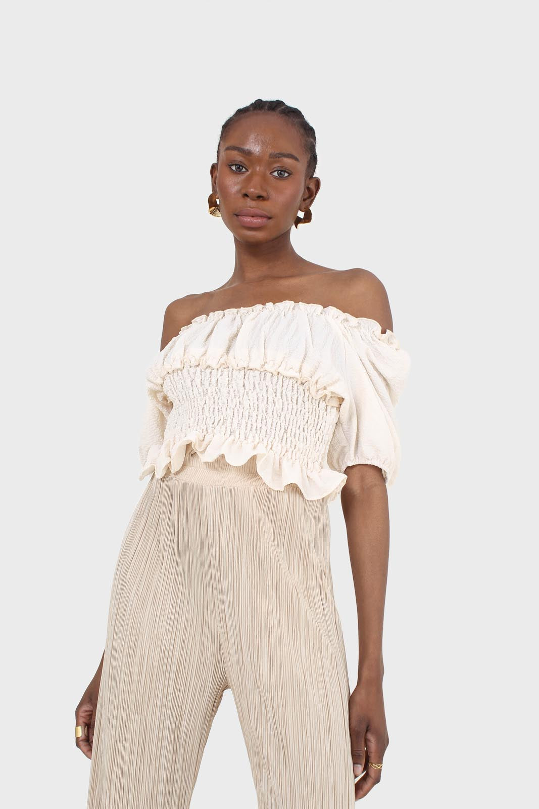 Beige silky micro pleat trousers