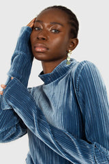Mid blue micro ribbed silky top