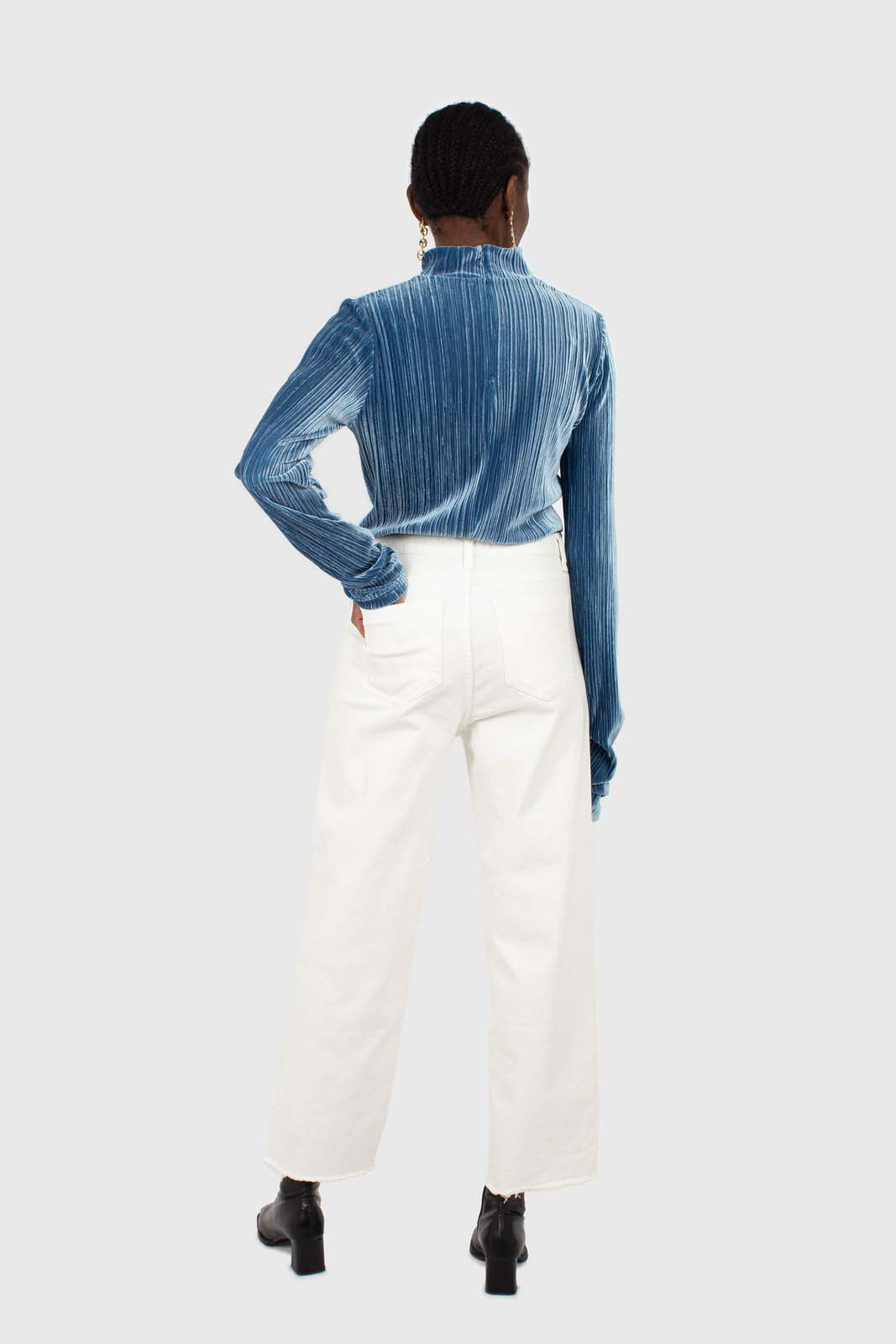Mid blue micro ribbed silky top