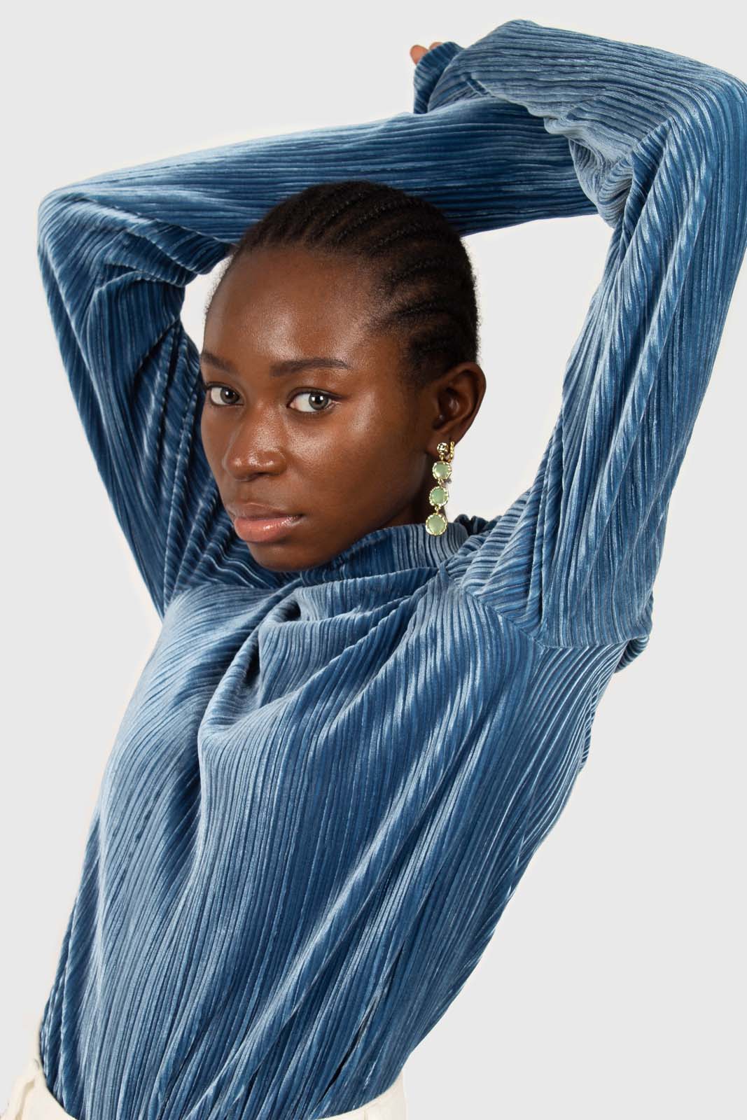 Mid blue micro ribbed silky top