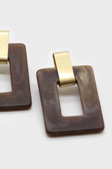Brown square gold loop linking earrings