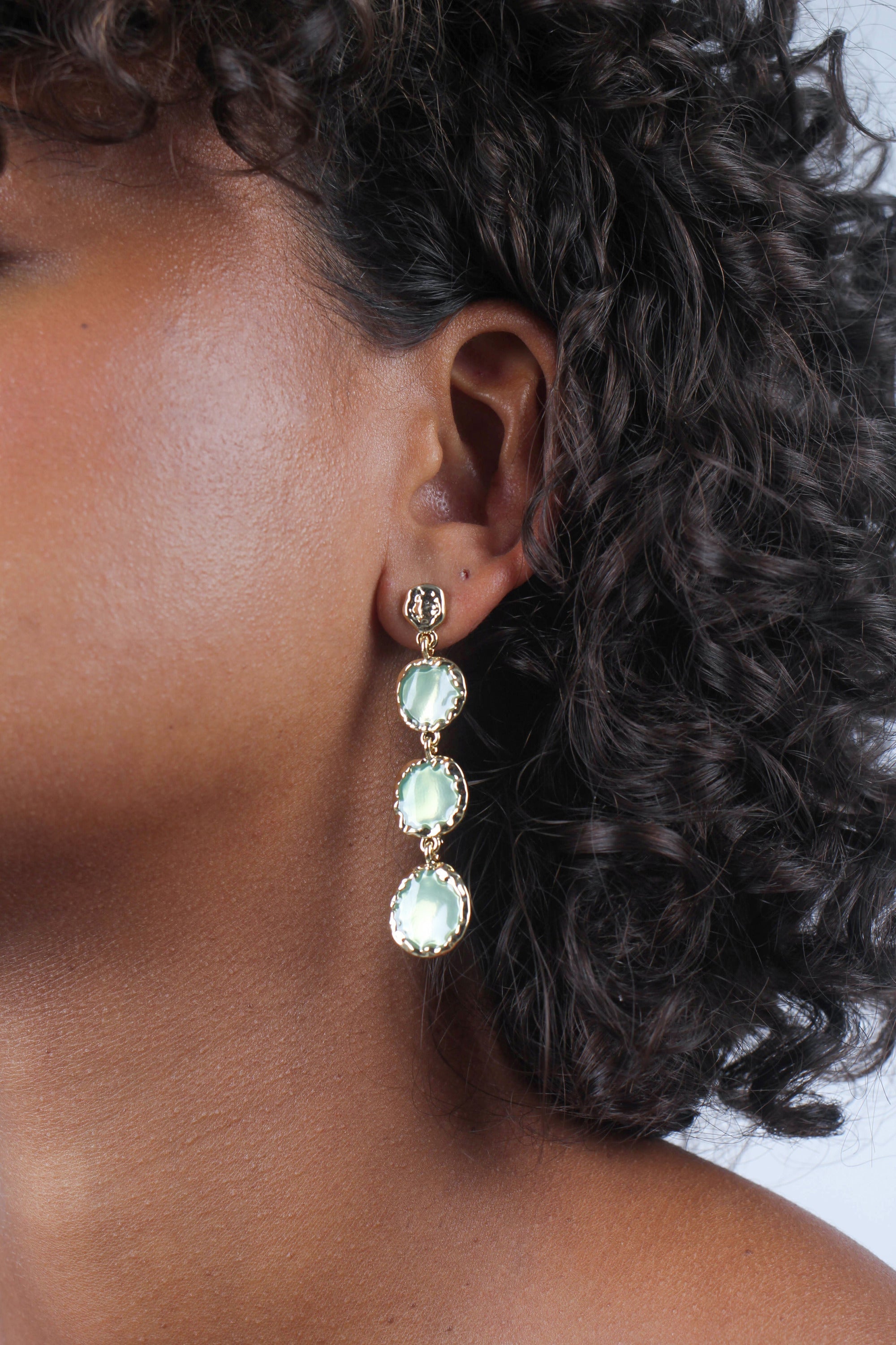 Green falling glass circle gem earrings
