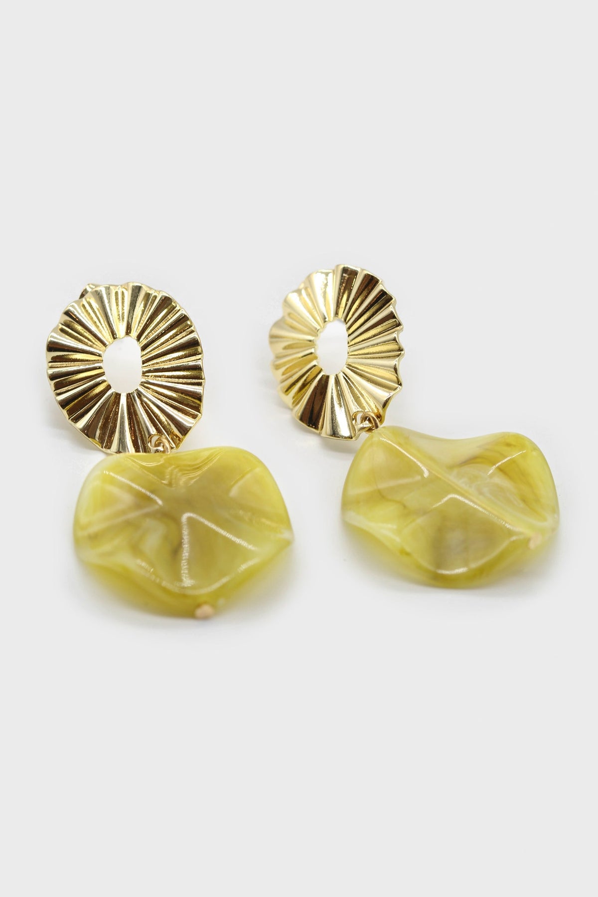 Gold ridged drop lime enamel circle earrings