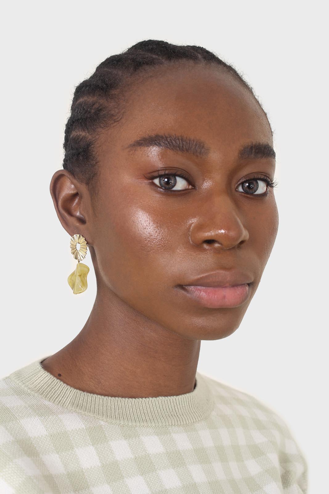 Gold ridged drop lime enamel circle earrings