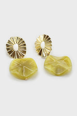 Gold ridged drop lime enamel circle earrings
