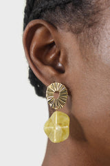 Gold ridged drop lime enamel circle earrings