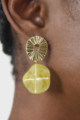 Gold ridged drop lime enamel circle earrings