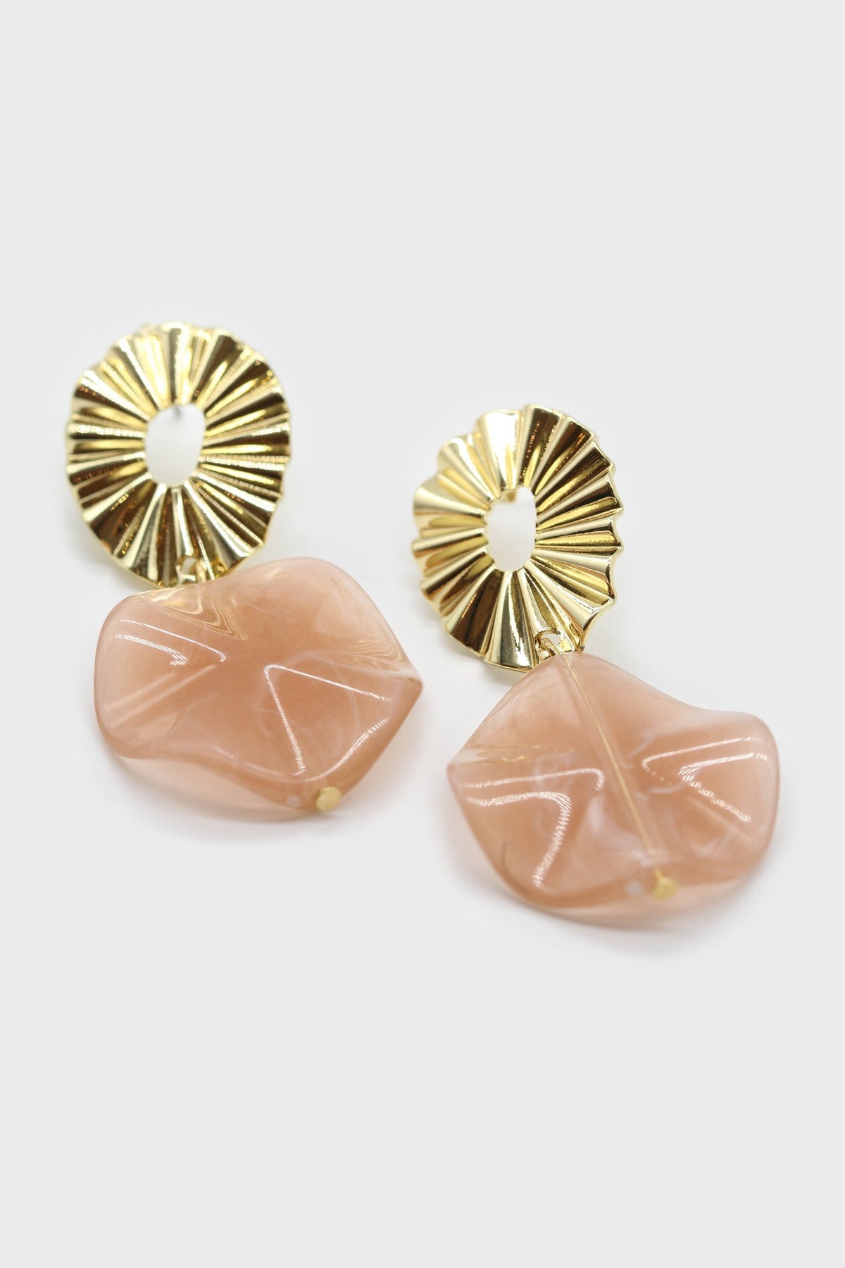 Gold ridged drop pink enamel circle earrings