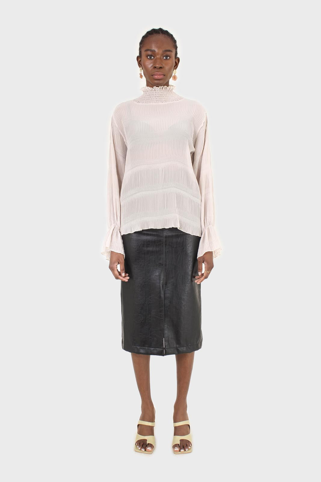 Beige shirring neck sheer tiered blouse