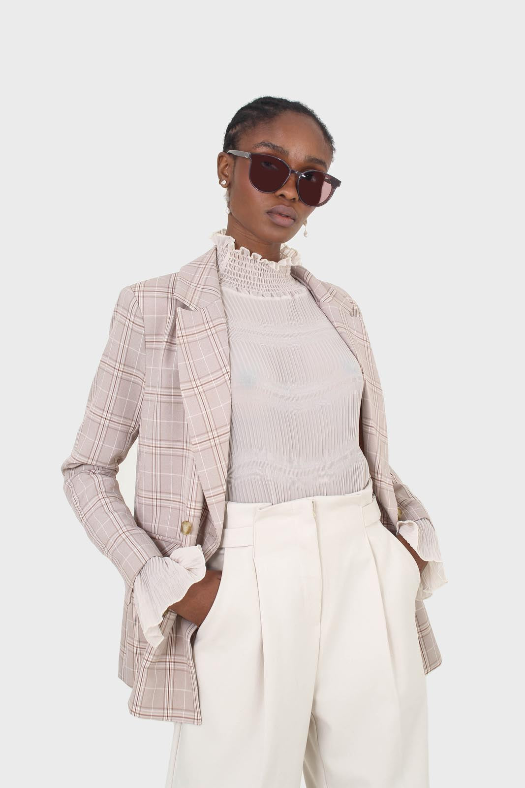 Beige shirring neck sheer tiered blouse