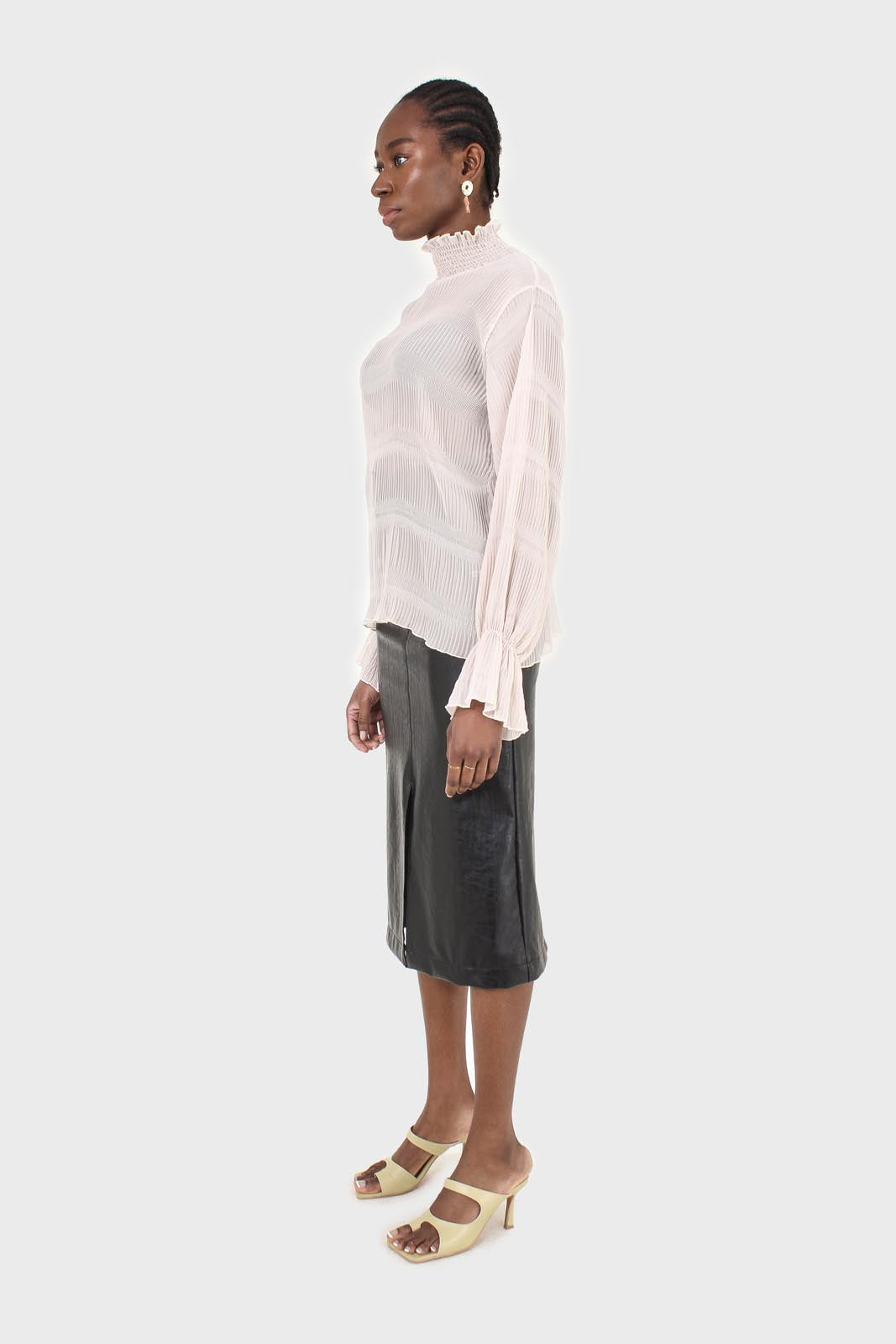 Beige shirring neck sheer tiered blouse