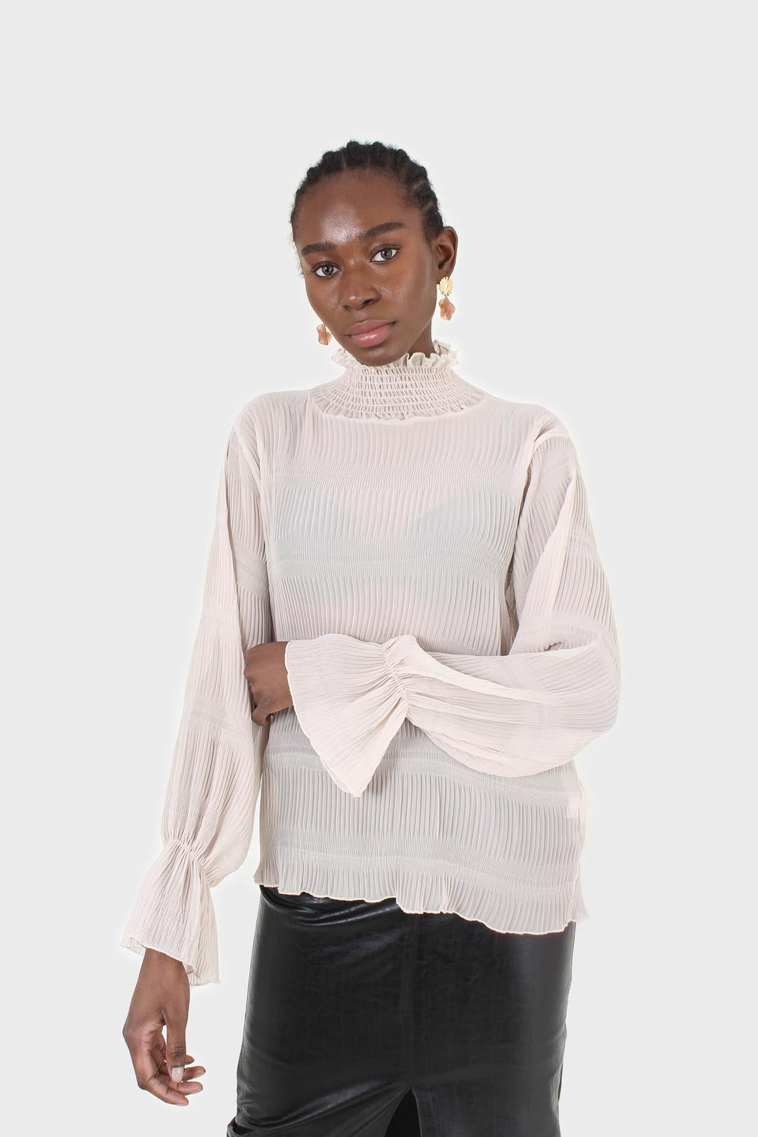 Beige shirring neck sheer tiered blouse
