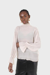 Beige shirring neck sheer tiered blouse