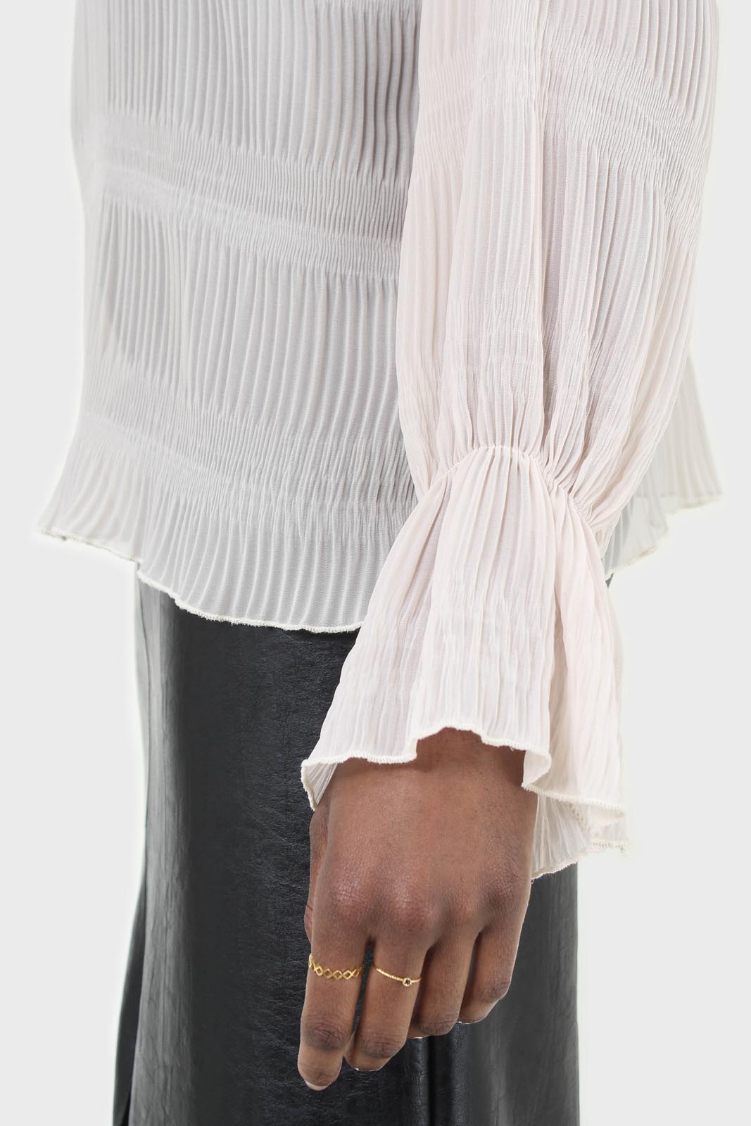 Beige shirring neck sheer tiered blouse