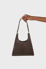 Brown croc skin triangle shoulder bag with chain handle