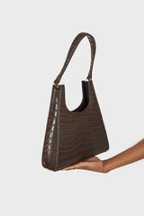 Brown croc skin triangle shoulder bag with chain handle