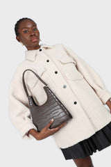 Brown croc skin triangle shoulder bag with chain handle
