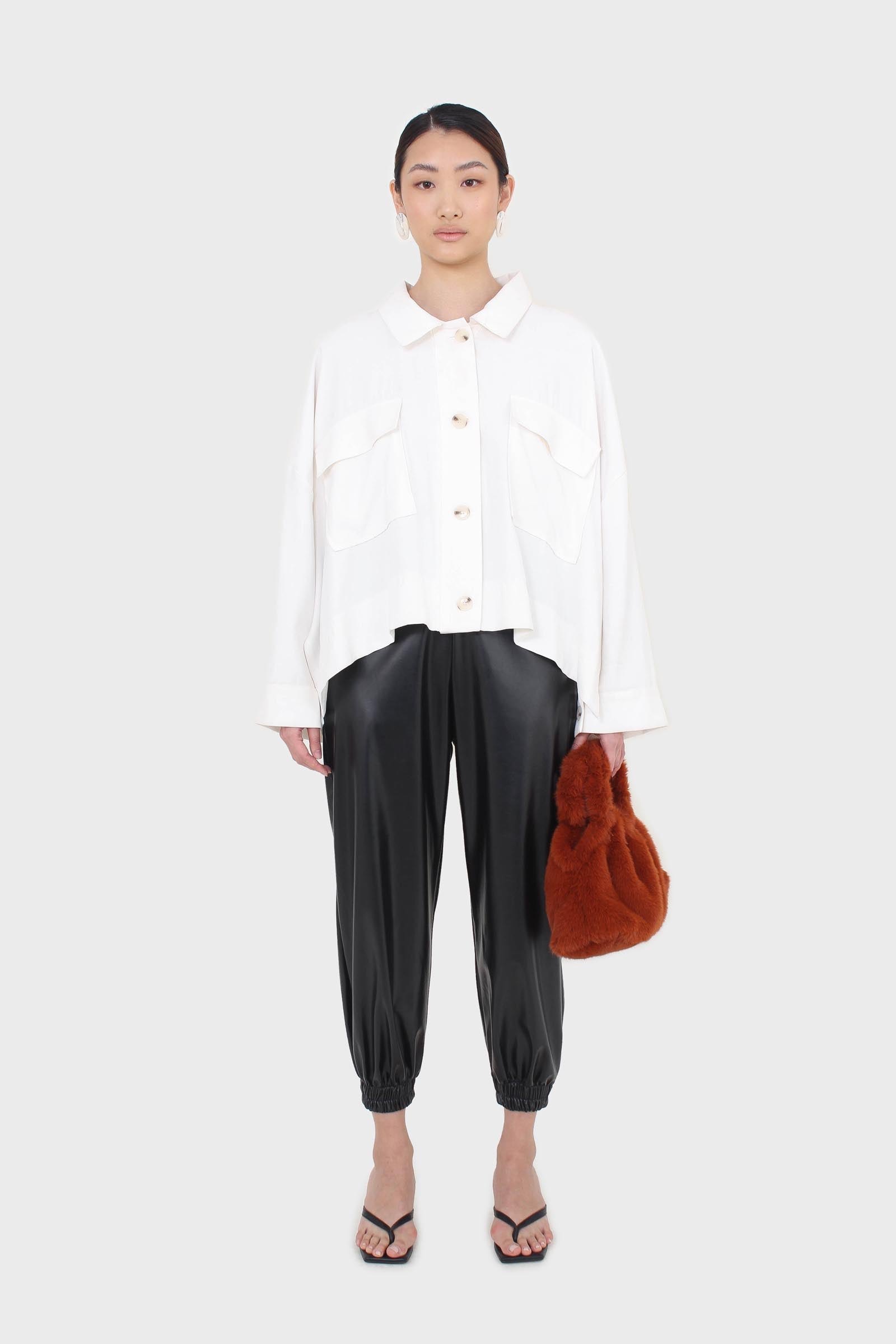 White oversized patch pocket shirt jacket