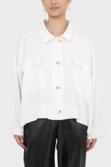 White oversized patch pocket shirt jacket