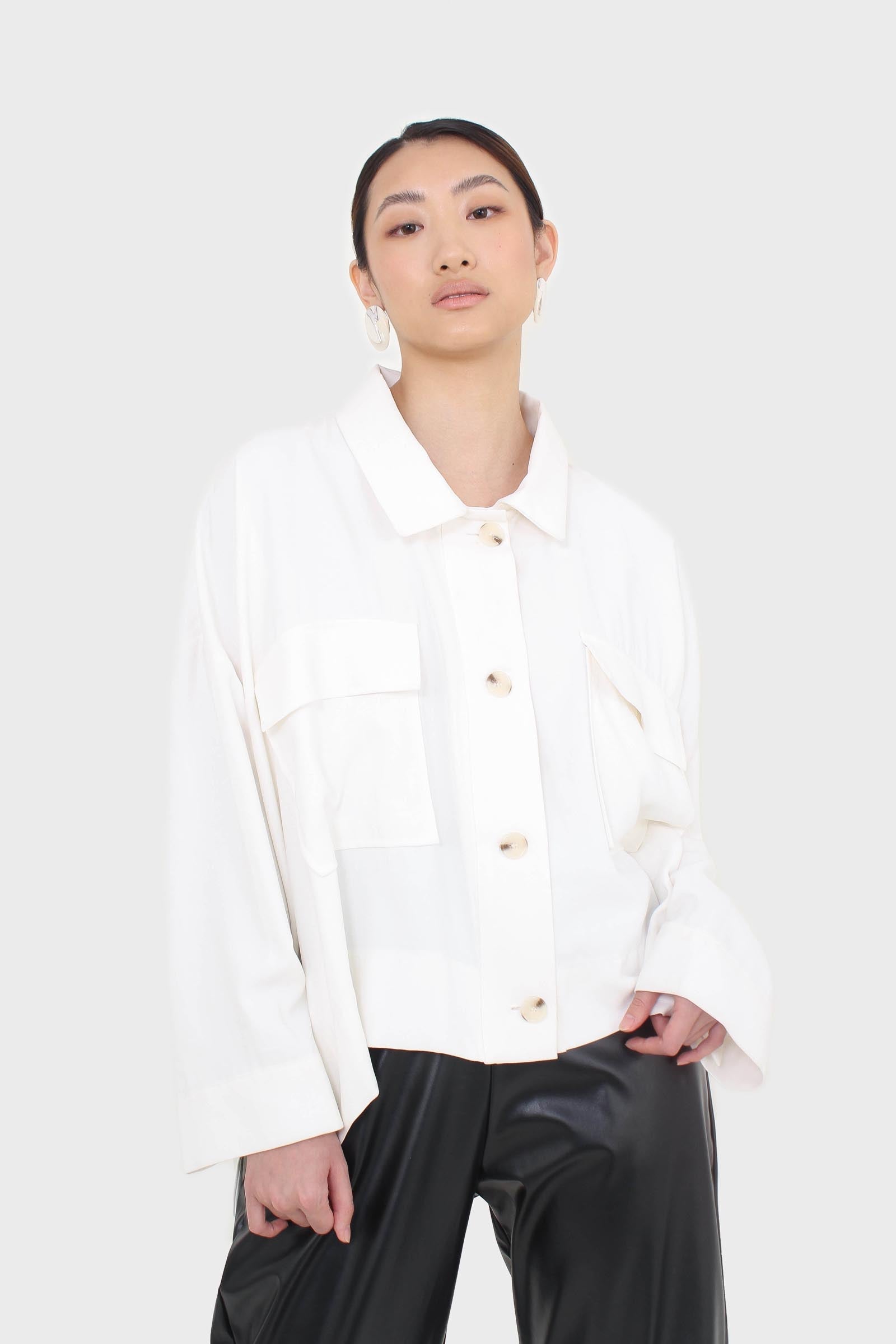 White oversized patch pocket shirt jacket