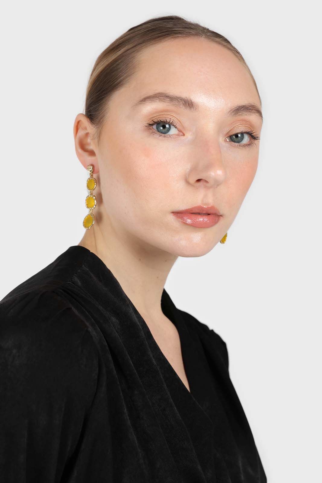 Yellow falling glass circle gem earrings