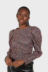 Black floral ruched long sleeved blouse