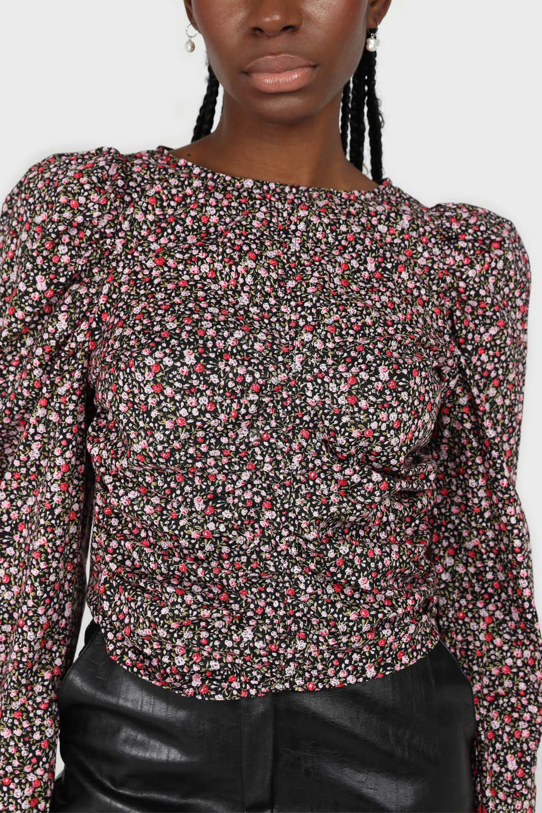 Black floral ruched long sleeved blouse