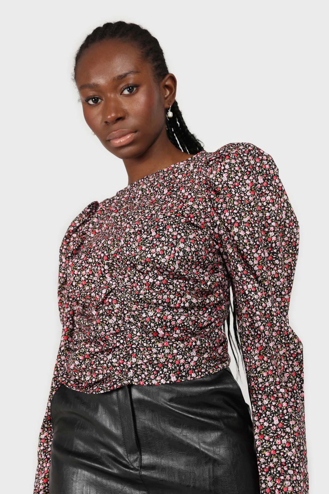 Black floral ruched long sleeved blouse