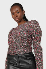 Black floral ruched long sleeved blouse