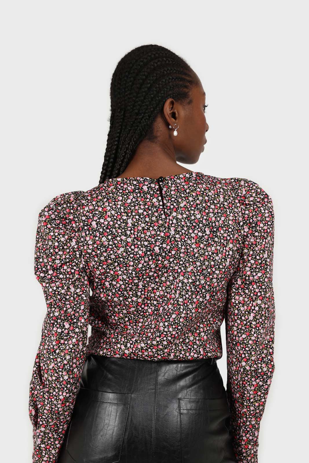 Black floral ruched long sleeved blouse