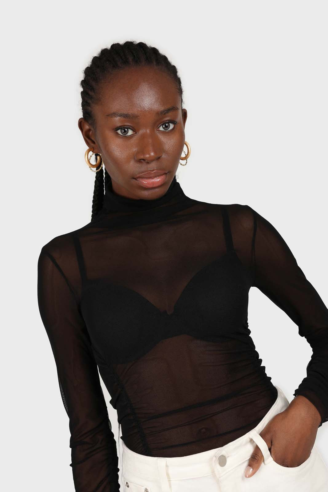 Black sheer shirring sides turtleneck top