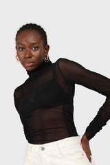 Black sheer shirring sides turtleneck top
