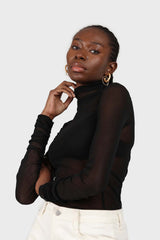 Black sheer shirring sides turtleneck top